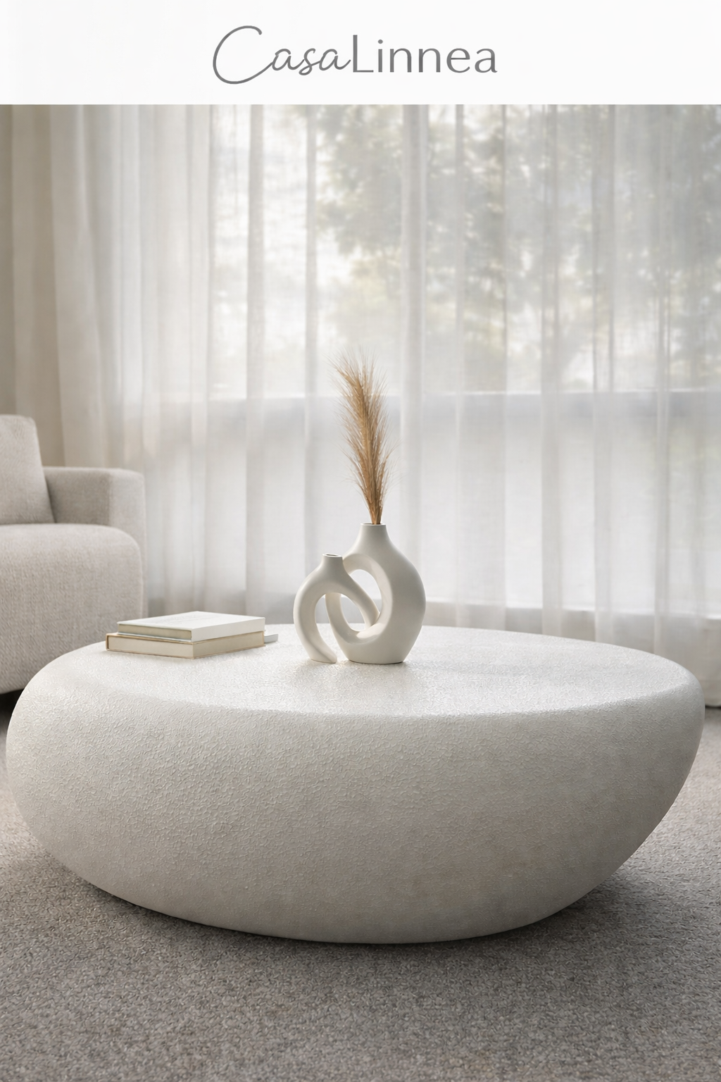 Oval Faux Stone Coffee Table – Beige | Modern Fiberglass Drum Design