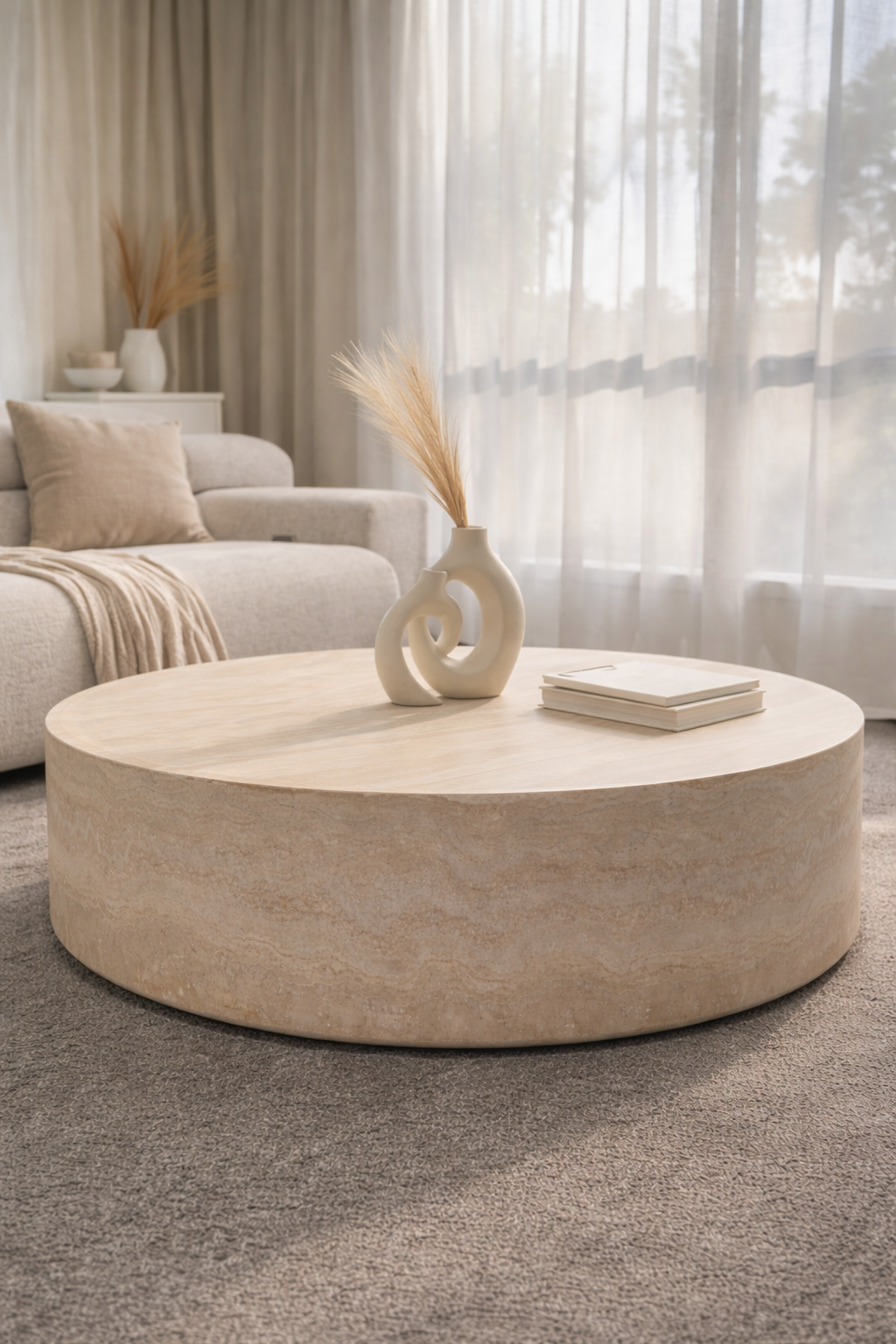 110cm Round Travertine Stone Look Fiberglass Coffee Table – Natural White