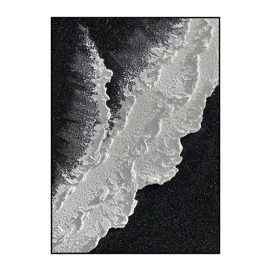 Abstract Sea Wave 3D Textured Wall Art – Hand-Painted Black & White Relief Canvas Painting with Frame (80×120cm)