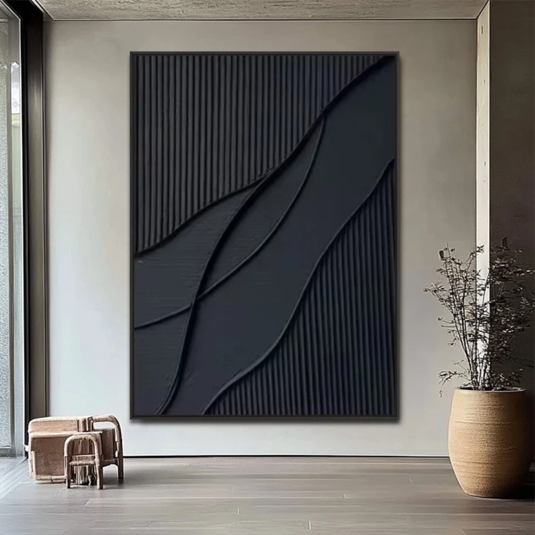 Black 3D Abstract Relief Wall Art – Handmade Textured Sand Media Painting on Canvas with Frame (80×120cm)