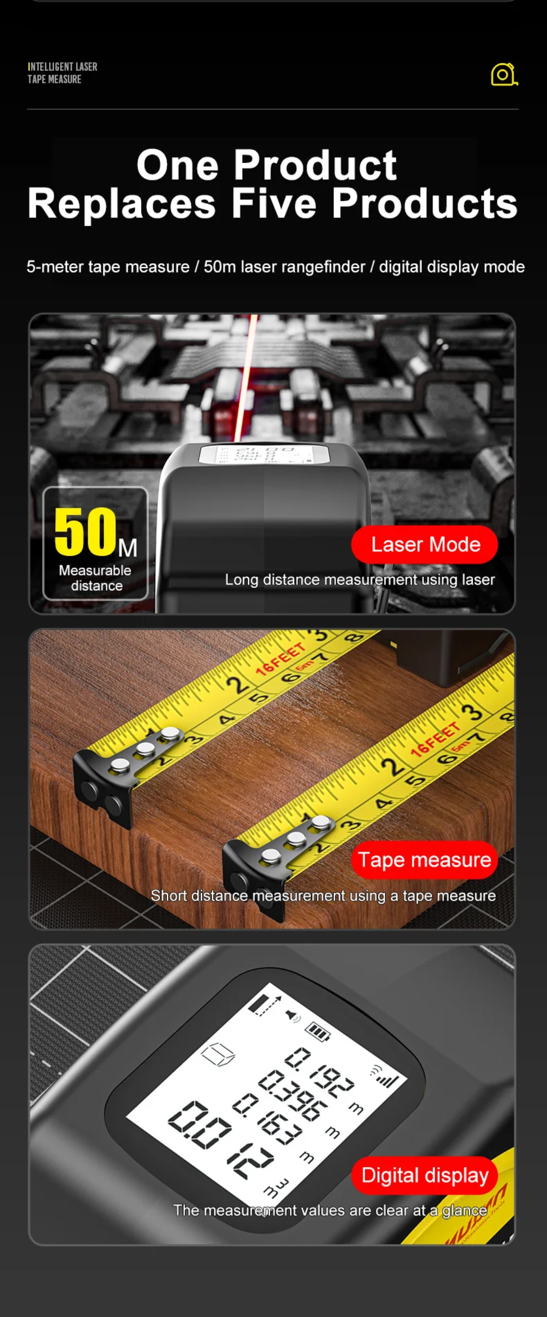 2-in-1 Digital Laser Tape Measure (50m Laser + 5m Tape) | Rechargeable High-Precision Distance Meter with LCD Display