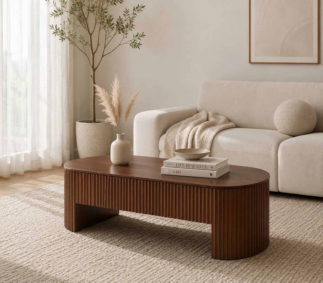 CasaLinnea Fluted Lift Top 130cm Coffee Table with Hidden Storage – Walnut Finish