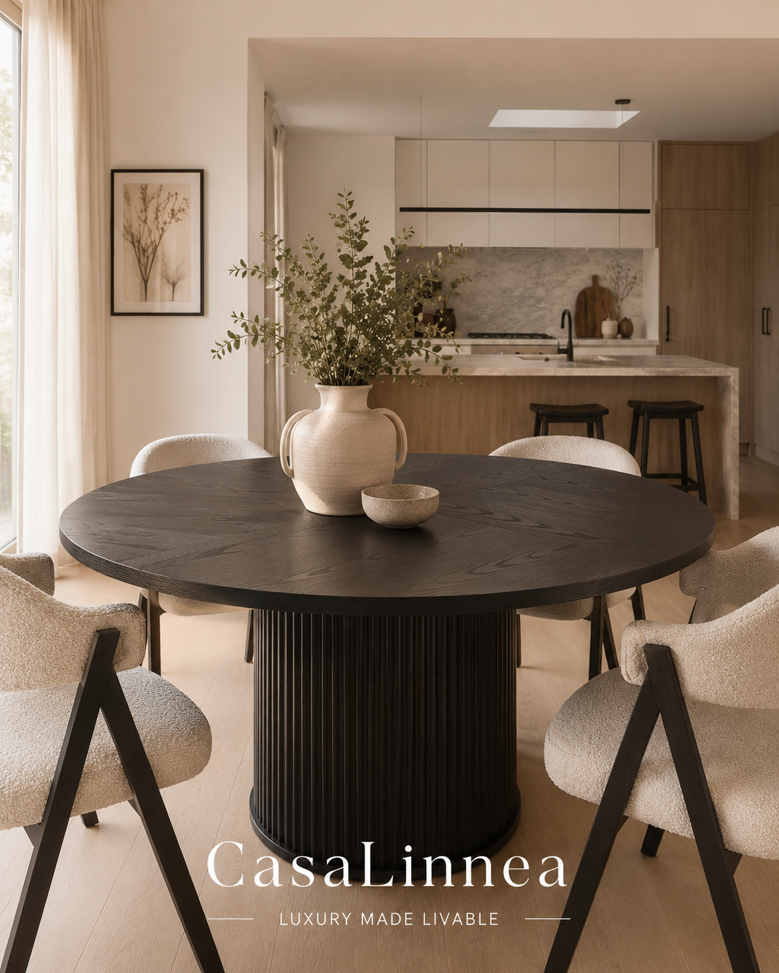 CasaLinnea 120cm Round Dining Table – Black Farmhouse Dining Table with Metal Pedestal Base for 4–6 People