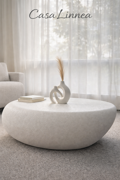 Oval Faux Stone Coffee Table – Beige | Modern Fiberglass Drum Design
