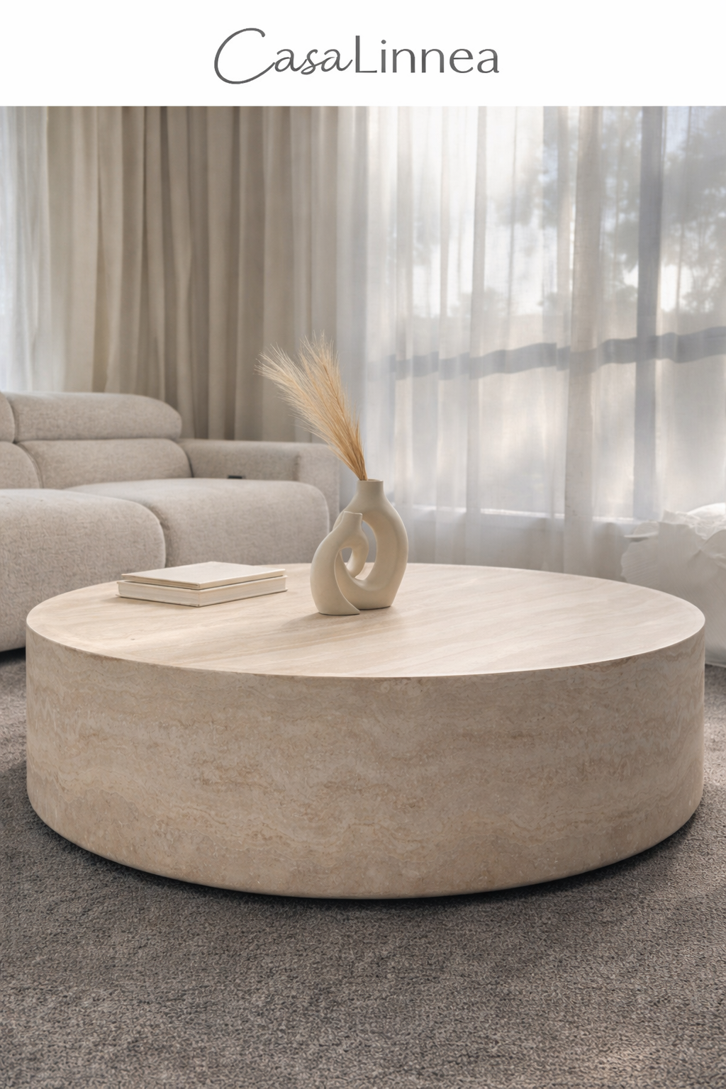 110cm Round Travertine Stone Look Fiberglass Coffee Table – Natural White