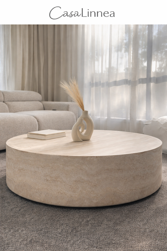 110cm Round Travertine Stone Look Fiberglass Coffee Table – Natural White