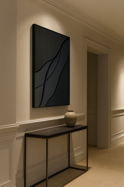 Black 3D Abstract Relief Wall Art – Handmade Textured Sand Media Painting on Canvas with Frame (80×120cm)