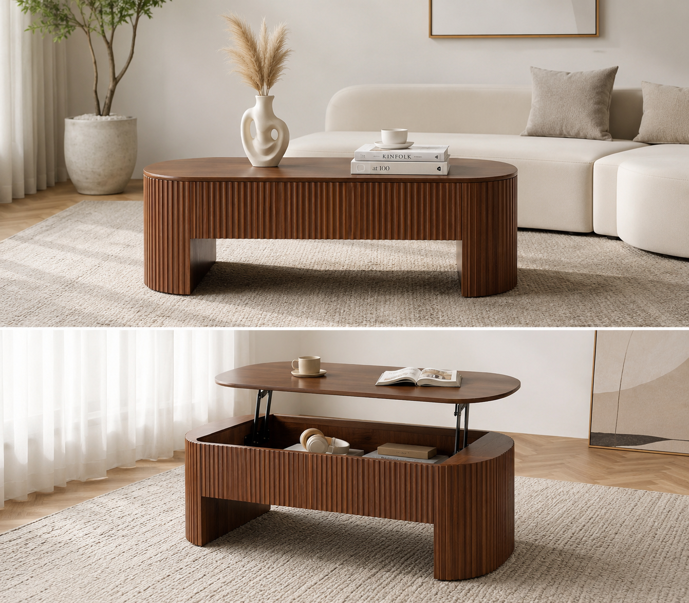 CasaLinnea Fluted Lift Top 130cm Coffee Table with Hidden Storage – Walnut Finish