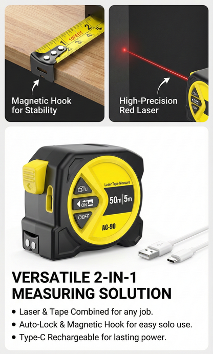 2-in-1 Digital Laser Tape Measure (50m Laser + 5m Tape) | Rechargeable High-Precision Distance Meter with LCD Display