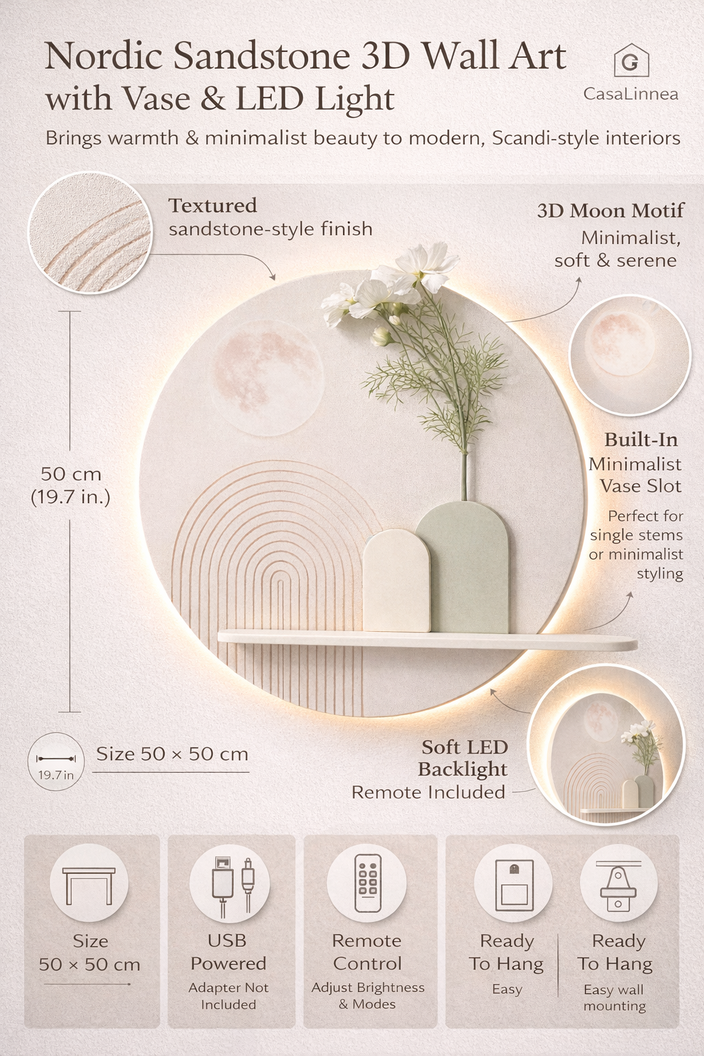 Nordic Sandstone 3D Wall Art with Vase & Moon Detail | CasaLinnea