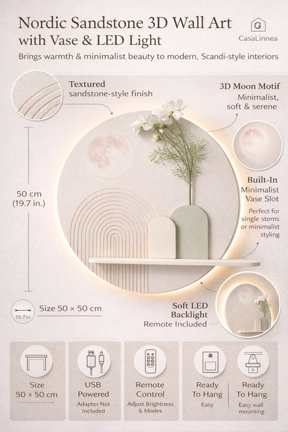 Nordic Sandstone 3D Wall Art with Vase & Moon Detail | CasaLinnea