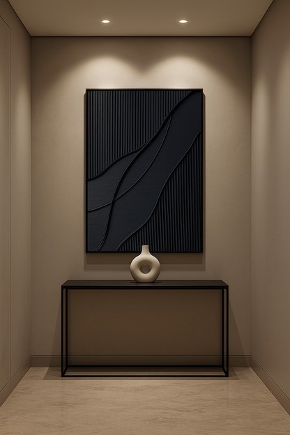 Black 3D Abstract Relief Wall Art – Handmade Textured Sand Media Painting on Canvas with Frame (80×120cm)